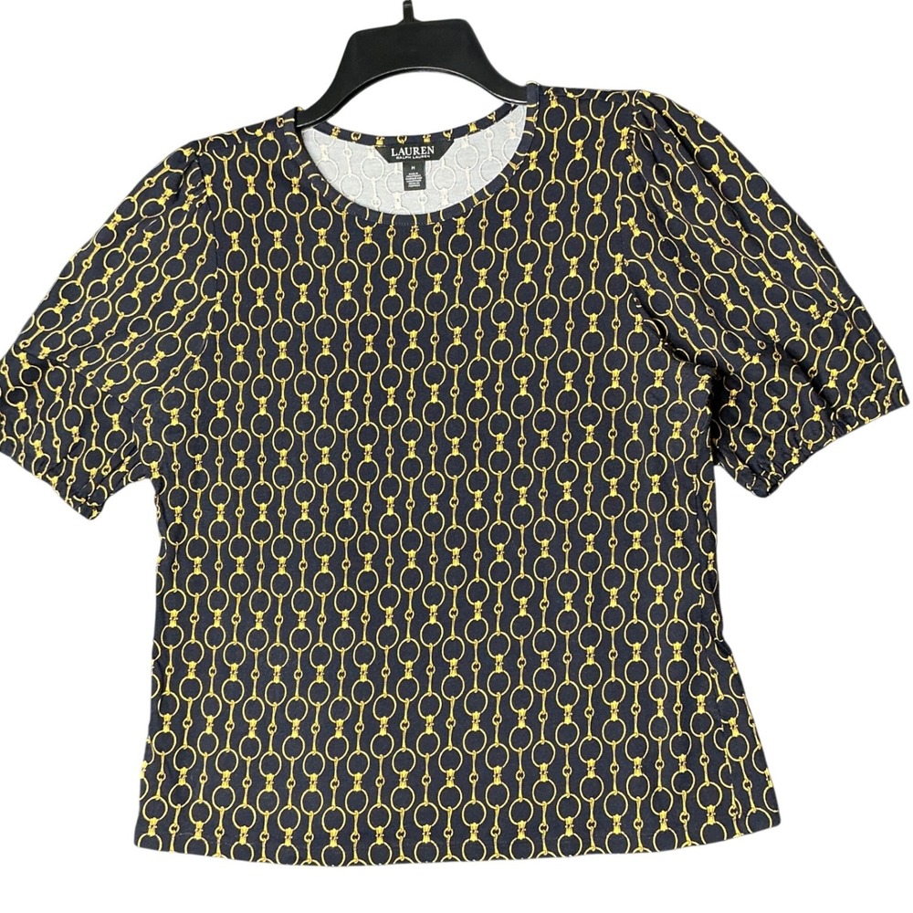 Lauren Ralph Lauren Navy Gold Chain Link Puff Sleeve Knit Top Medium